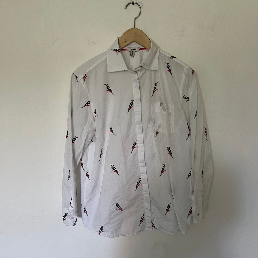 Joules Woodpecker Bird Print Button Down Shirt White Cotton Womens US 6 UK 10
